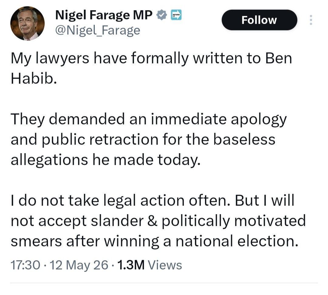 YorkieRay1's tweet photo. @LexiBeaChorlton It’s now over a month since Farage “demanded an immediate apology” from Ben Habib over the claim that he had received a £1m reward for fixing the 2019 GE. If Habib is clearly lying, why has Farage not yet responded by taking him to court? https://t.co/7NbIgpcmzZ