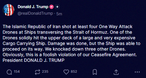 Empar_santonja's tweet photo. Big news: Trump is calling Iran's move a 'foolish violation' of the ceasefire after they fired at least four attack drones at ships in the Strait of Hormuz. 😳 https://t.co/JlSkXZ7DiK