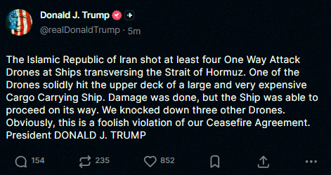 Missjimo's tweet photo. Just in: Trump says Iran pulled a 'foolish violation' of the ceasefire by firing at least four attack drones at ships near the Strait of Hormuz. https://t.co/M4owAwf1JO