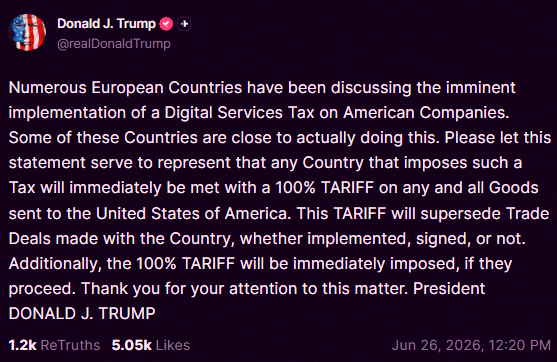 DadyChriss's tweet photo. Big news: Trump says he's slapping a 100% tariff on imports from any country that taxes US tech companies with a digital services tax. That's huge. https://t.co/b8hoJudbMw