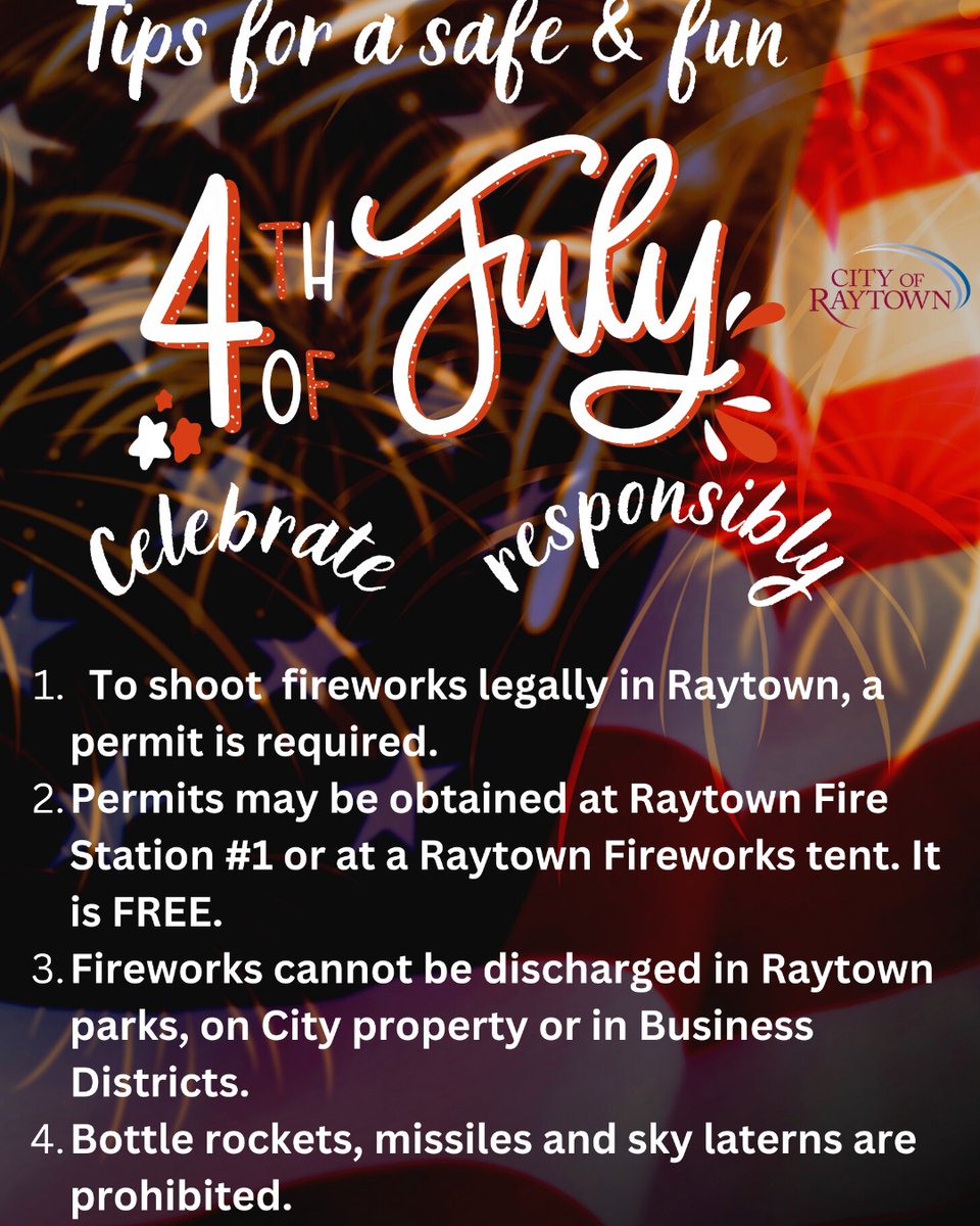 CityofRaytown's tweet photo. #FFG

Licensed Fireworks tents are opening soon, Raytown!

The tents are scheduled to open Monday, June 29 at 6 am.

Remember permits are required to legally shoot fireworks in Raytown. The permit is FREE.

#Raytown
#Americas250thBirthday
#FridayFeelGood https://t.co/ala8xR96Wn