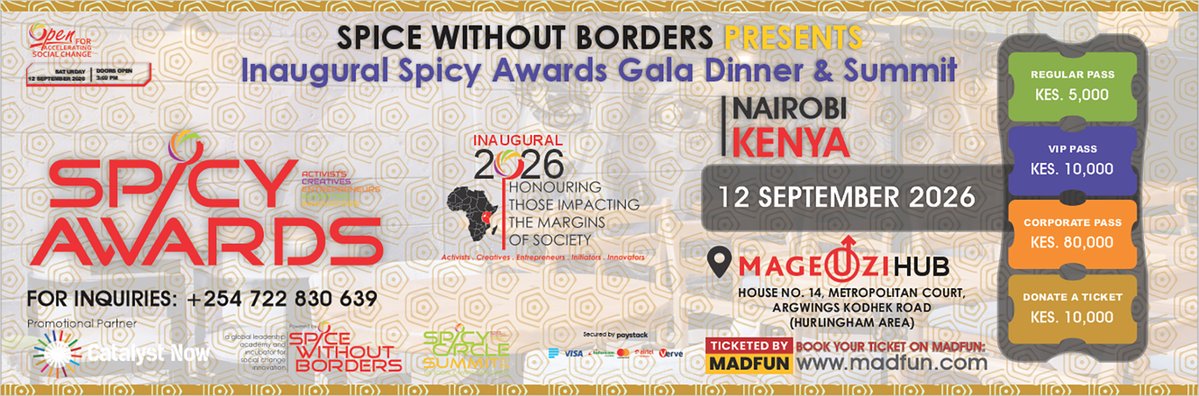 spicyawards's tweet photo. 🏆 The Countdown Begins!

Ready for the unveiling?

Join us as we celebrate Africa's boldest changemakers, 

📅 Date: 12 September 2026
🕒 Gala Starts: 3:00 PM
📍 Mageuzi Hub, Nairobi - Kenya
🎟️ Book your seat today!

👉 Get your ticket now: https://t.co/GD0wiF7GwK https://t.co/SgSn69xXtC