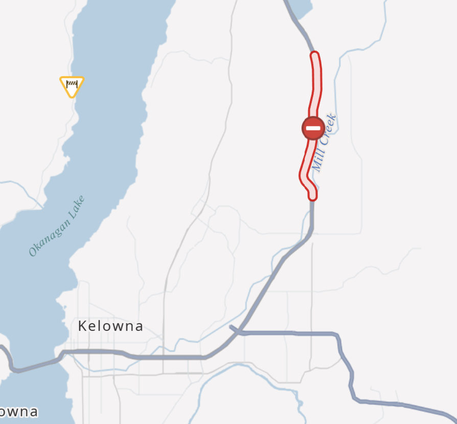 DriveBC's tweet photo. ⛔CLOSED - #BCHwy97 is CLOSED in both directions between Old Vernon Rd and John Hindle Drive in #Kelowna due to vehicle incident.
Detour in effect. Expect major delays. #OkanaganHwy

ℹ️For more info: https://t.co/mKQyAL9ZXn https://t.co/M8TFLUwB3i