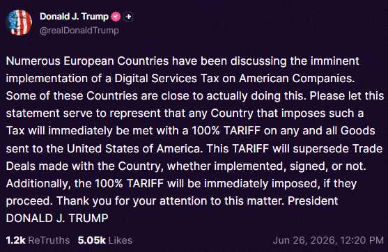 heavlyn99's tweet photo. Just in: Trump says if any country hits American companies with a digital tax, he’ll slap a 100% tariff on everything they send to the US 💥🇺🇸 https://t.co/n76WZ4xd4n