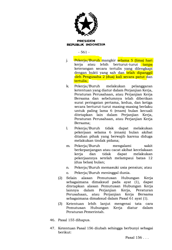 MenteriPekerja's tweet photo. Pekerja ga boleh di PHK perusahaan walaupun ga masuk kerja/mangkir sampai 5 hari tanpa pemberitahuan ke perusahaan.

TAPI, itu berlaku kalo perusahaan ga ngasih surat pemanggilan secara tertulis dan patut ke pekerjanya karena tidak masuk kerja.

selama blm ada surat pemanggilan, alasan PHK karena mangkir itu ga sah.

Pasal Pasal 154A ayat (1) huruf J UU 6 tahun 2023