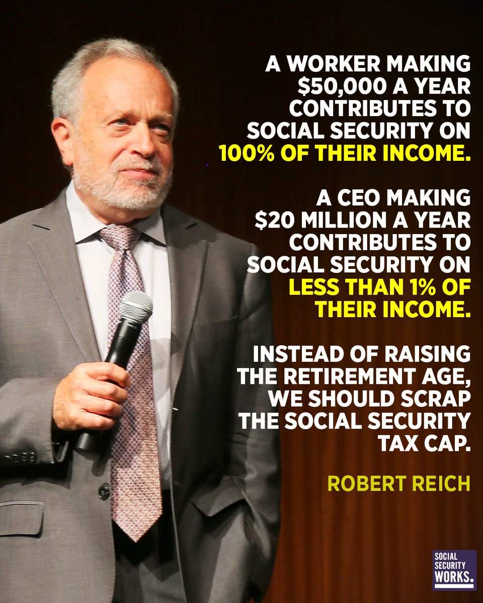 SSWorks's tweet photo. Scrapping the cap on Social Security contributions would allow us to expand benefits and continue delivering checks for the rest of the century!

@rbreich https://t.co/JpCySyvPnx