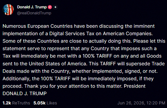 GMankoko's tweet photo. Just in: Trump says he’ll slap a 100% tariff on imports from any country taxing US tech companies with a digital services tax. 🚨 https://t.co/Ndjumq9Iu0