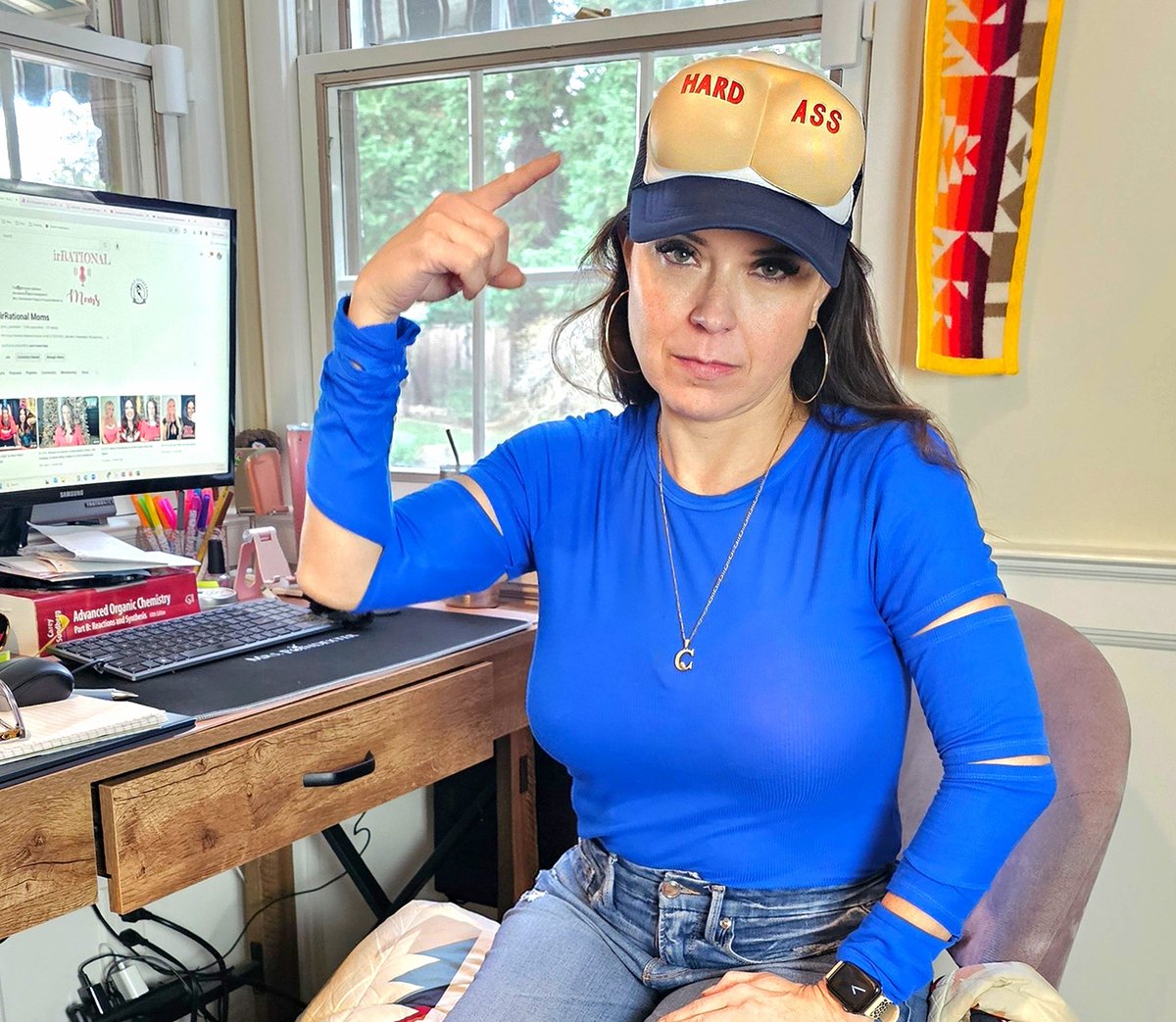 mrspoindexter's tweet photo. I'm back in the office today.  Summer camping vacation overrrr.

(my employees got me this hat.  They think they're funny) https://t.co/7ATZ4k5jiU