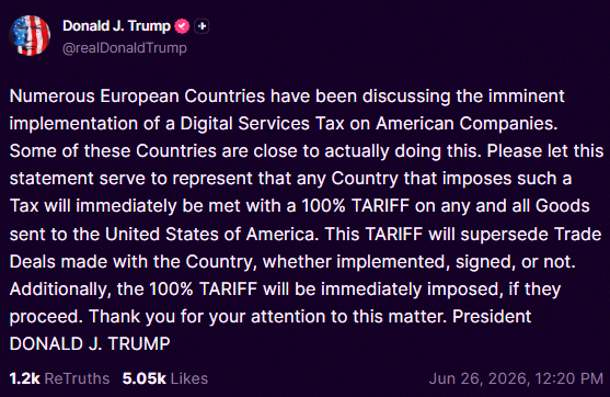 minkkey1's tweet photo. Just in: Trump says he’s slapping a 100% tariff on imports from any country that taxes US tech companies with a digital services tax. 🤯 https://t.co/U9gBuEfPgI