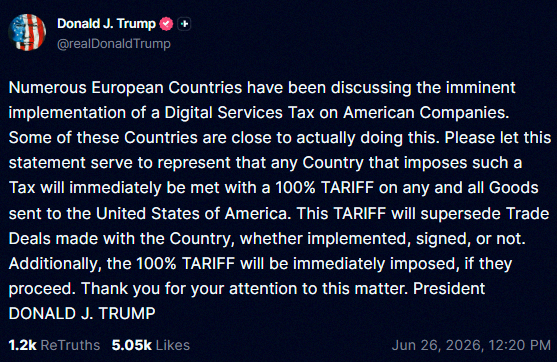 lauravalver's tweet photo. Big news: Trump says he's putting a 100% tariff on imports from any country that taxes US tech companies with a digital services tax. https://t.co/KiT3fsYWtY