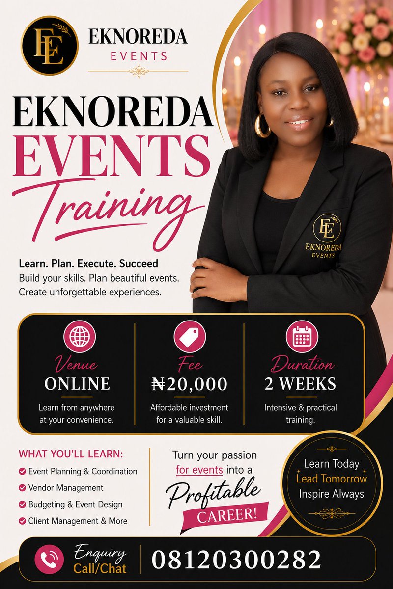 Georgianaronke's tweet photo. Hurry up to book your slot,limited space https://t.co/s4ypBZWHWF or chat 08120300282 for further enquiries.Thank you #eknoredaevents #eknoredaeventstraining #eventstraining #eventtraining https://t.co/YFc9vokeEx