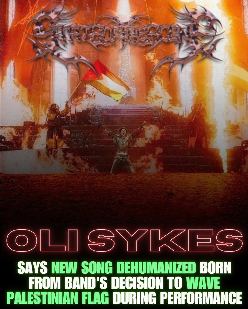 SOTSPodcast's tweet photo. Bring Me The Horizon vocalist Oli Sykes says new song Dehumanized was born from an event that happened last year where the band waved a Palestinian flag during their performance at Reading Festival.

"I was told that peacefully raising a flạg on stage in recognition of a humanitarian catastrophe unfolding where children were being killed would most likely carry career ending consequences. It made me realize how we are silently conditioned to suppress our humanity."