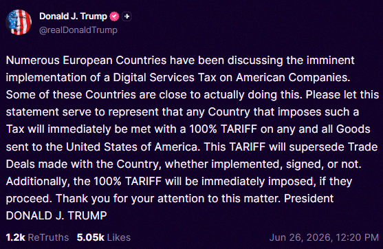 Ximet1973's tweet photo. Just in: Trump says he’ll slap a 100% tariff on imports from any country that taxes US tech companies. That's huge. https://t.co/rdS5YYcj31