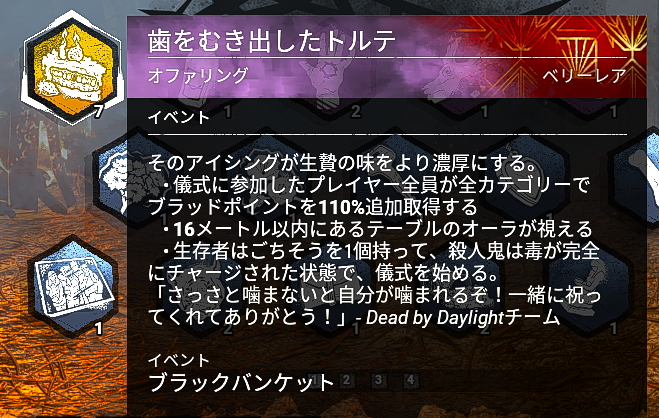 000_jellyfish's tweet photo. 🌟『歯をむき出したトルテ』は固定出現！ 
※修正版 / 再検証

【獲得できるブラッドウェブのレベル】 
3.5.7.10.12.15.20.25.28.30.33.35.38.40.42.45.47.50

DBD10周年イベント「ブラックバンケット」で
一定の値で貰える仕様のようです🎂₊˚  
（不思議な箱からも発現）

#DBD #デドバ #DbD10周年