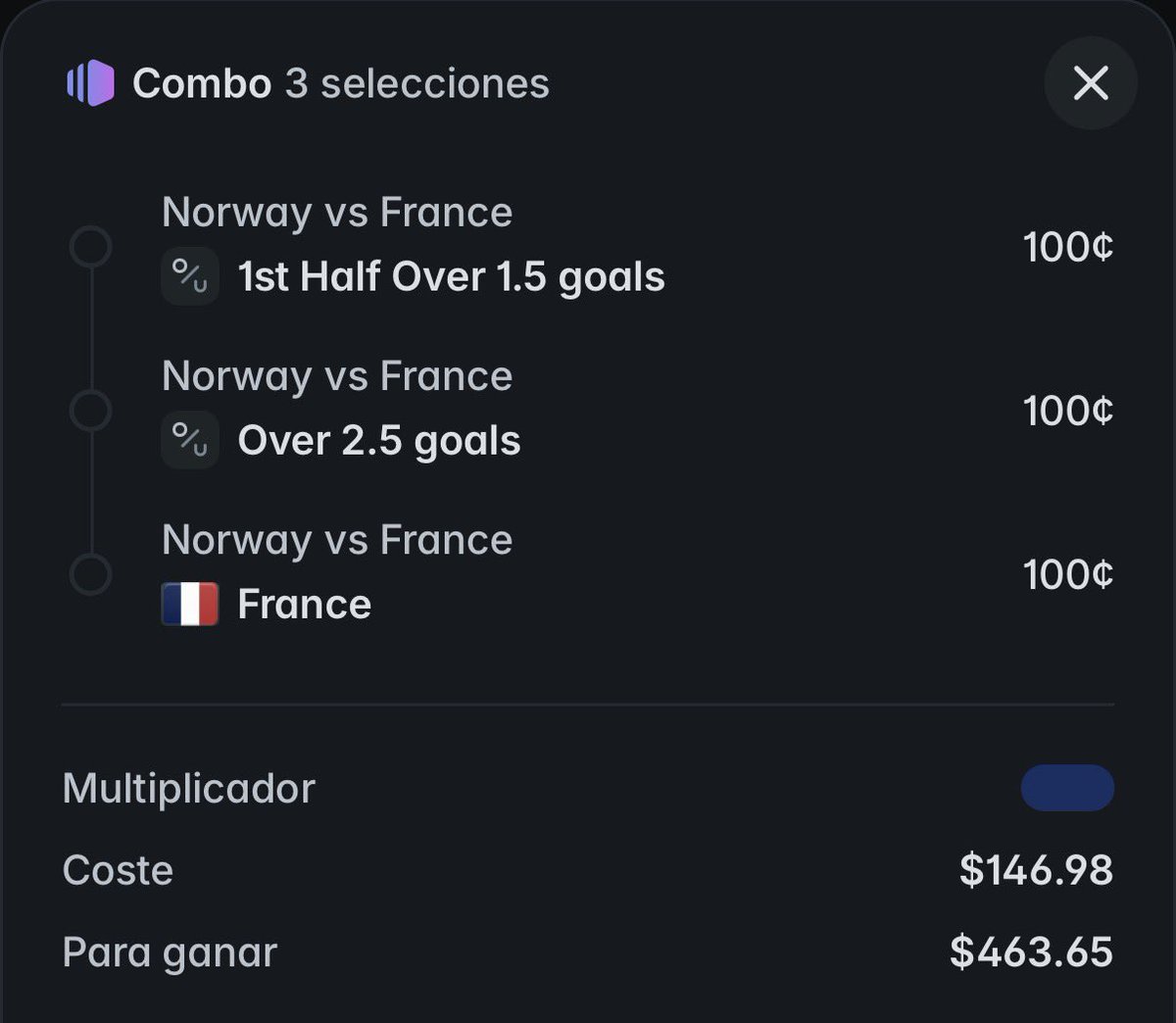 Donv_mx's tweet photo. En 20 minutos ganamos esta, solo quedó disfrutar de la masacre que pegó Francia! 

Me gusta esta actualización de @Polymarket para los degenerados hahahaha

Opera en el mercado de predicciones más grande https://t.co/BuLiUkbgap https://t.co/MYR6JKl7Hr