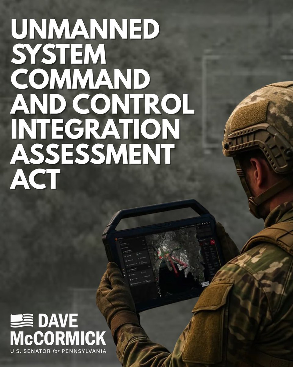 SenMcCormickPA's tweet photo. Modern warfare is changing fast. Drones and unmanned systems are reshaping the battlefield.

Our allies are already advancing this technology — and America must be ready to lead.

Proud to introduce the Unmanned Systems Command and Control Act to strengthen our military capabilities for the future.