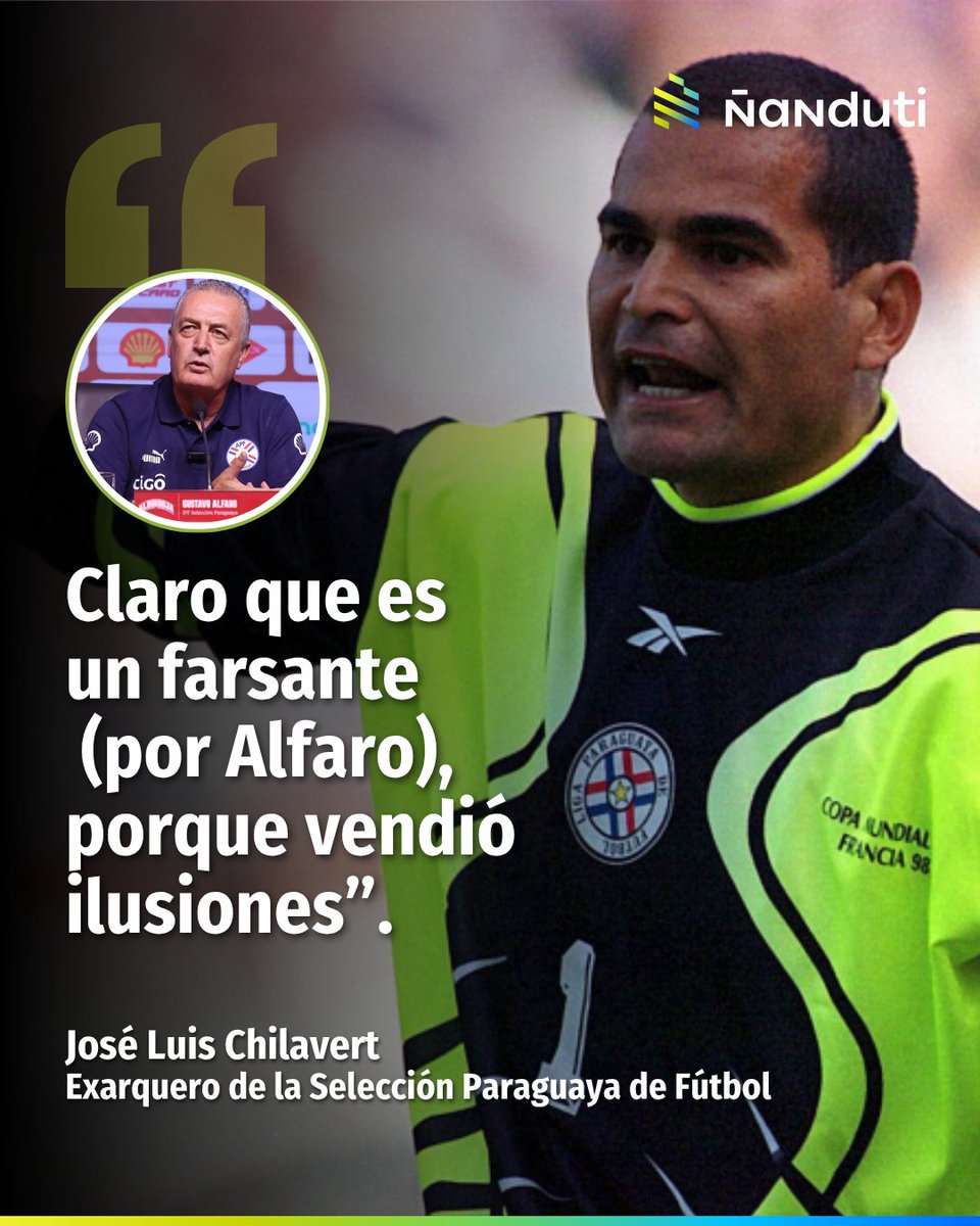 nanduti's tweet photo. Chilavert, durísimo contra Alfaro tras el empate con Australia 🗣️🇵🇾

🧐 El histórico capitán de la Albirroja, José Luis Chilavert, lanzó duras críticas contra el entrenador Gustavo Alfaro luego de sus controversiales declaraciones tras el empate 0-0 frente a Australia en el Mundial 2026. 

📻 En conversación con Ñanduti, el exarquero cuestionó el mensaje del DT y aseguró que sus palabras "denigran al futbolista paraguayo".

🎙️ "Alfaro no es nadie para decirnos que no estamos preparados. Si yo estuviera en ese plantel, lo agarro del cogote y le doy tres sopapos", expresó Chilavert. 

#Ñanduti | #LaGranCabina