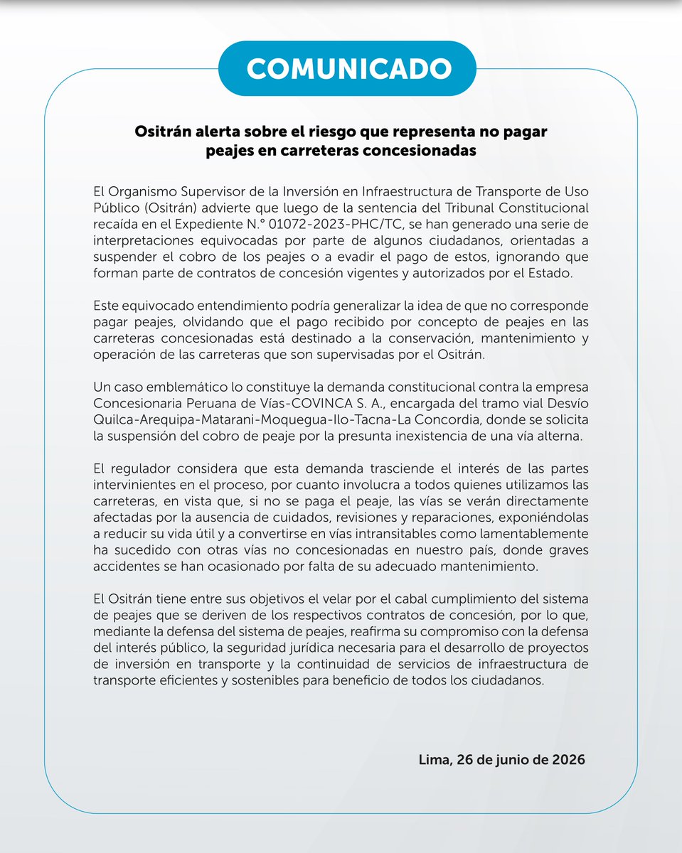 ositranperu's tweet photo. El Ositrán informa a la opinión pública: https://t.co/yjH5NdWTqZ