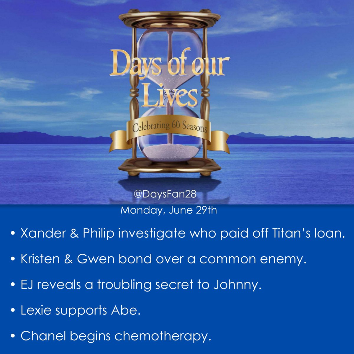 DaysFan28's tweet photo. Tomorrow on #DAYS

#DOOL #Xander #Philip #Kristen #Gwen #EJ #Johnny #Lexie #Abe #Chanel https://t.co/ryXQaUtZEr
