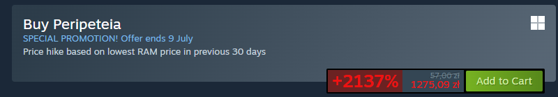 90sGraphics's tweet photo. Peripeteia is 25% off for the Steam Summer Sale.
If you're in the EU it may read as "1% off". The Omnibus Directive requires discounts be shown against your lowest price in the last 30 days, and we ran 24% earlier this month. So you see the 1%, not the cut.
It's 25% off, lol. https://t.co/pEb5AgxdaE