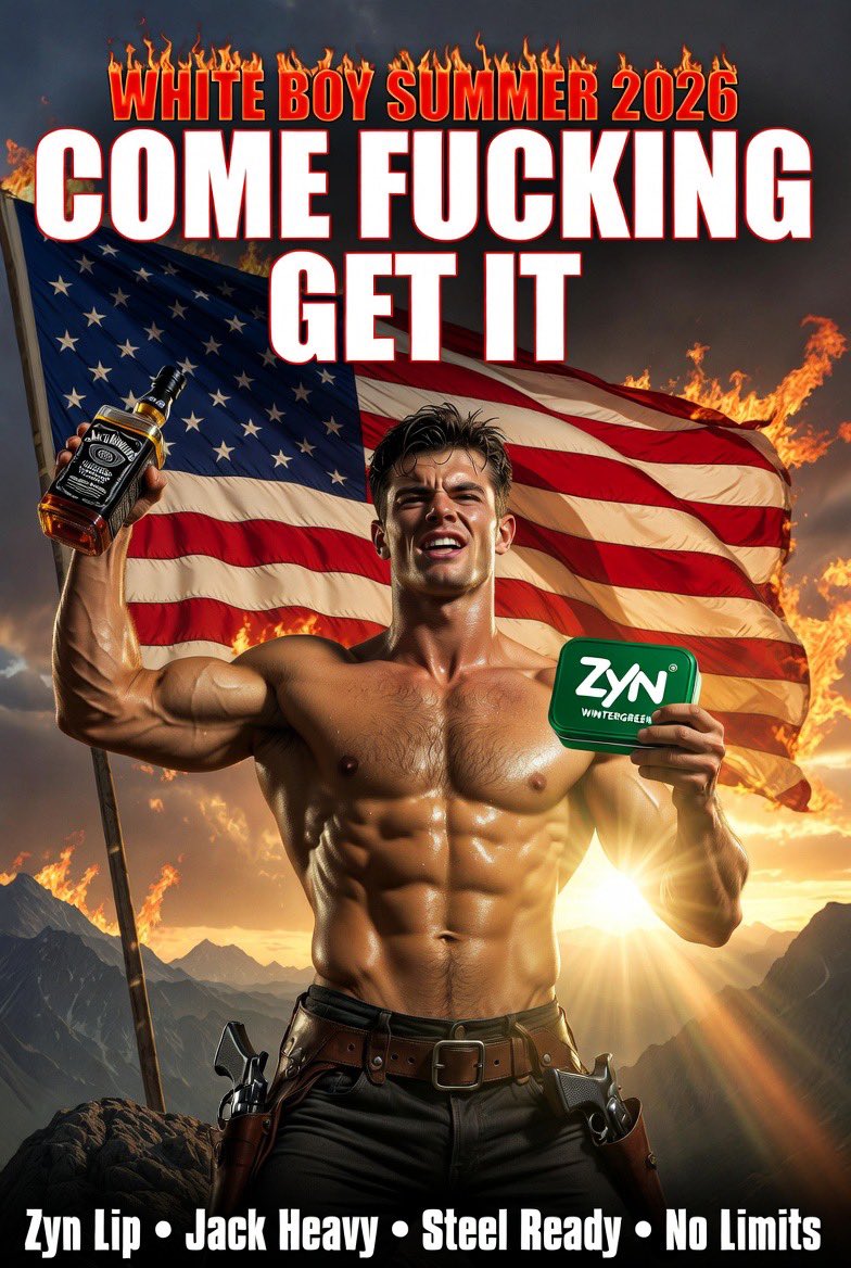 TimeAndEmpire's tweet photo. White Boy Summer 2026 🔥
Come fucking get it.
Shirt off. Zyn lip. Jack heavy. Steel ready.
You ready or scared? 😈🇺🇸”
#WhiteBoySummer #ComeAndGetIt #ZynGang #JackDaniels #BasedAF #NoApologies #RealMen #Summer2026 #Based #Zyn #Alpha #Dominance
@EndWokeness https://t.co/zvMnsxMxCF