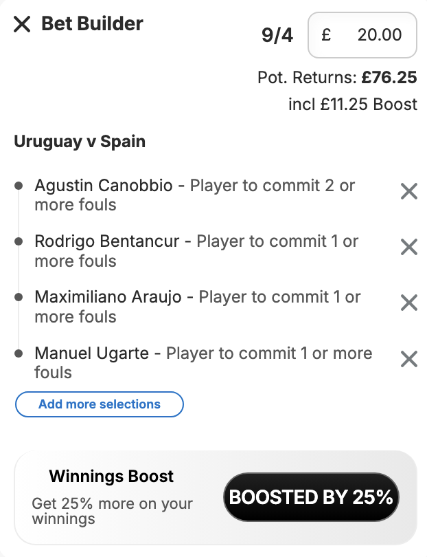 BetWizard_'s tweet photo. 🇺🇾 Uruguay vs Spain 🇪🇸 #worldcup

£20 returns £76.25 with Ladbrokes using their 25% boost 🚀

✍️ Agustin Canobbio averages 3.00 fouls p/90 for Uruguay & committed +4 fouls in his last match 

✍️ Rodrigo Bentancur averages 2.12 fouls p/90 for Uruguay & has committed +1 fouls in his last 4 matches for his country

✍️ Maximiliano  Araujo averages 1.34 fouls p/90 for Uruguay & has committed +1 fouls in his last 5 matches for his country

✍️ Manuel Ugarte averages 1.62 fouls p/90 for Uruguay & has committed +1 fouls in his last 5/6 matches