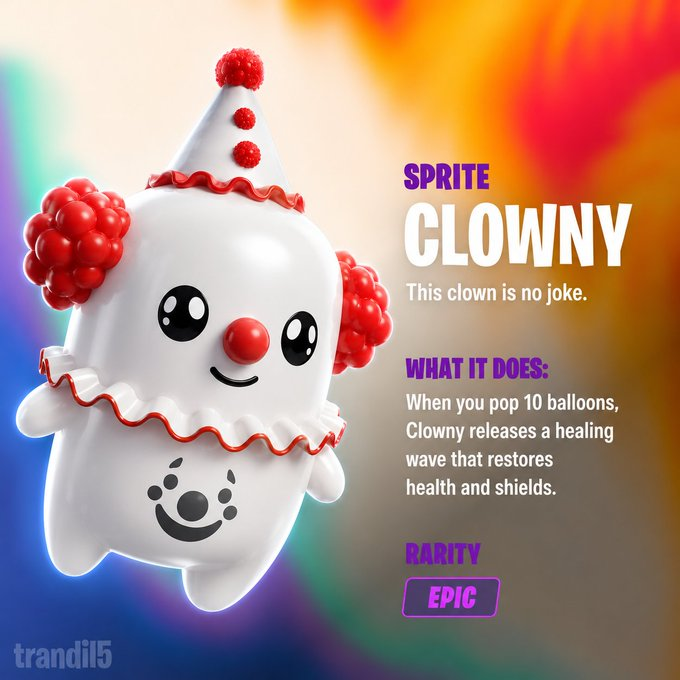 teololbob's tweet photo. #DesignASprite #fortniteHere is my sprite his name is clowny, if any chance we cant do the description of the ballons we can change it into somthing else it doesn't have to be a ballon but clowny is a healing sprite! I used power point to make the description and name and all.. https://t.co/rsIIO481GO