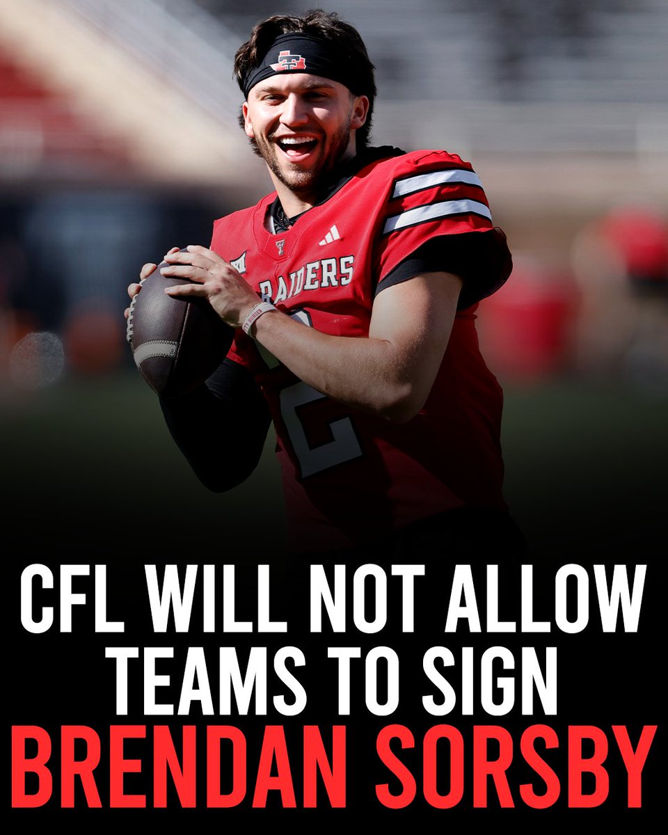 Outkick's tweet photo. The CFL has announced today it will not be allowing teams to pick up former Texas Tech QB Brendan Sorsby, saying "The allegations involving Brendan are serious and concerning"   

Will he ever suit up again? https://t.co/mBzOWnKOuV
