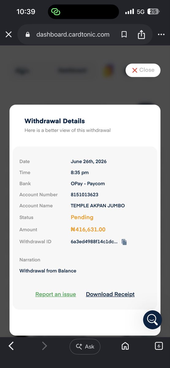 djay_TempO's tweet photo. @cardtonic Hello, I have an issue with this Withdrawal: 6a3ed4988f14c1dc0f265853 https://t.co/uJagZHpT4D