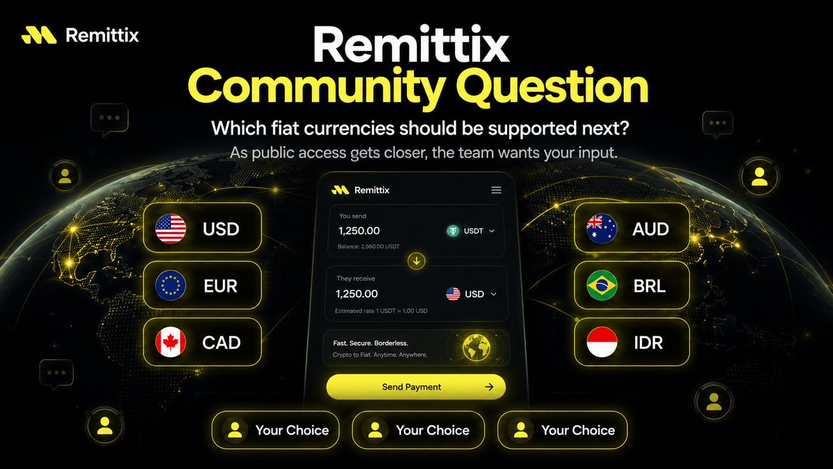 remittix's tweet photo. 🌍 Remittix Community Question

As the Remittix platform moves closer to public access, the team wants to hear directly from the community.

Which fiat currencies would you most like to see supported when the platform goes live?

The goal is simple: make crypto-to-fiat payments more practical, more useful and more accessible for users around the world.

Some of the currencies currently being included:

USD
EUR
CAD
AUD
BRL
IDR

But the team wants your input.

Which fiat currency matters most to you?

Drop it in the comments and let the team know what should be prioritised for launch. 🚀