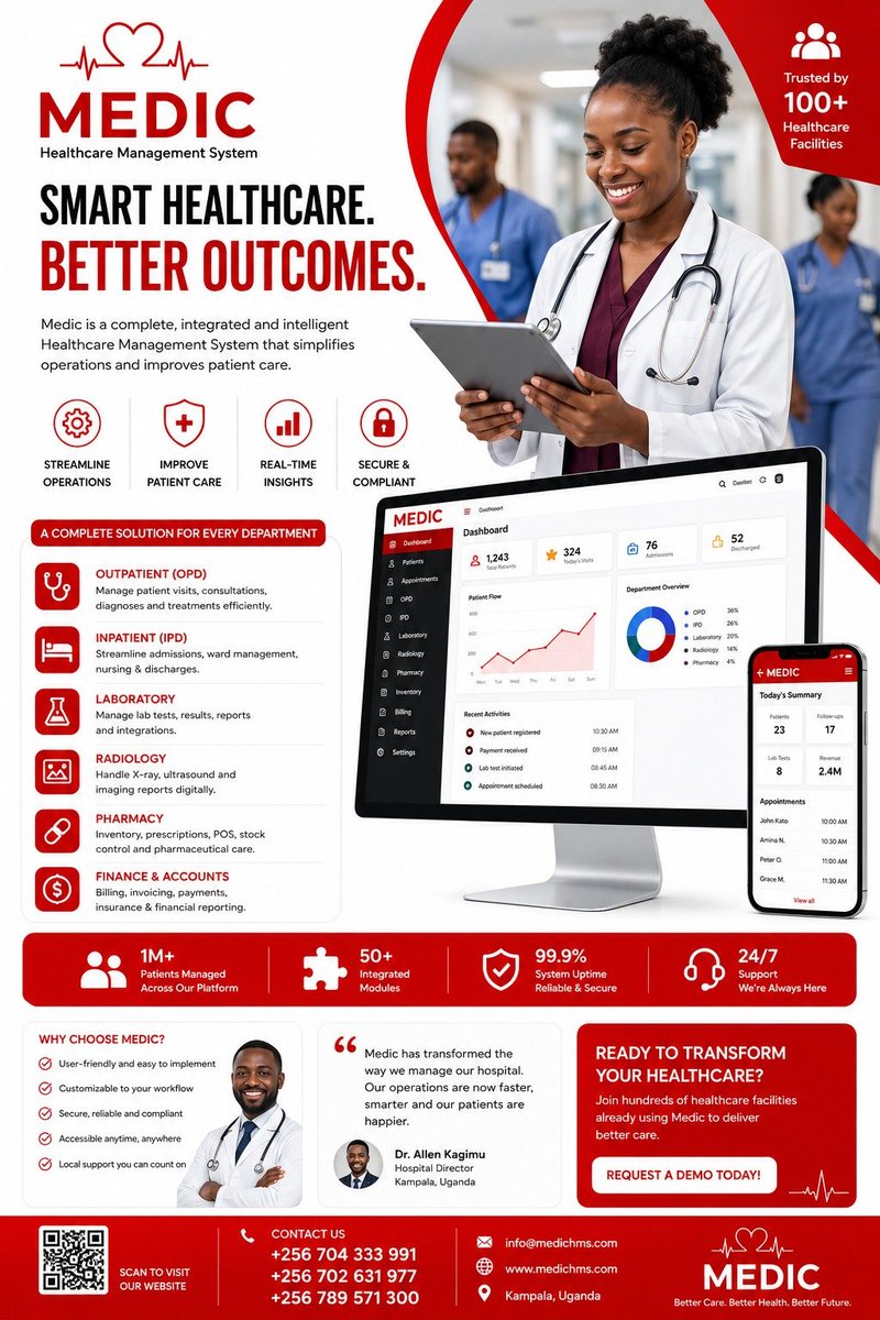 Mukiibiismail's tweet photo. Medic is transforming healthcare with smart hospital management software built for modern clinics, hospitals, pharmacies, labs, and healthcare teams.

From patient registration to billing, pharmacy, lab, and reports.Medic helps healthcare facilities work faster, smarter &amp;better. https://t.co/3NokiRFuIW