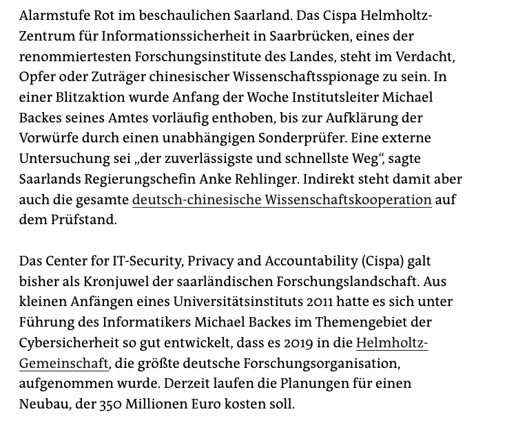 mikirede's tweet photo. #Helmholtz-Zentrum im #Saarland, Verdacht auf Wissenschaftsspionage
Das Saarbrücker #Cispa galt als Kronjuwel der deutschen #Cybersicherheit-sforschung. Jetzt ist sein Chef vorläufig freigestellt. https://t.co/ZlRBbsa7vf