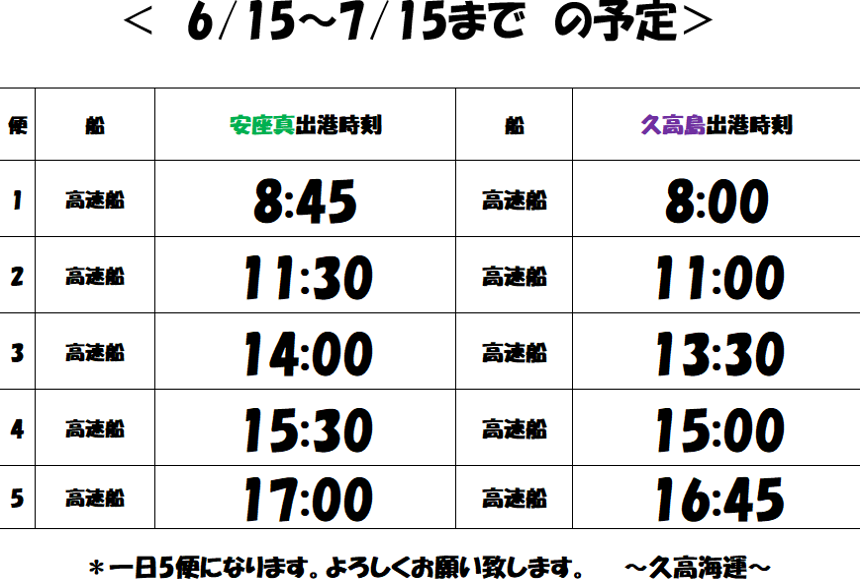 kudakaferry's tweet photo. ２７日、高速船のみ運行で１日５便の運航となります。安座真発始発は８時４５分、久高島からの最終は１６時４５分です。（６月１５日～７月１５日の予定でフェリーはドックに入っております）詳しくは添付画像をご覧ください https://t.co/D6onxbBuTZ
