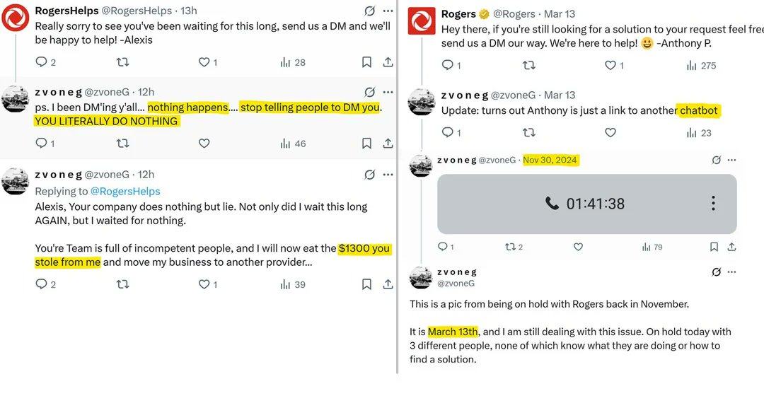 MikeDelpieroX's tweet photo. @nickjackson77 @RogersHelps @RogersHelps is doing the "DM us" trick again to do nothing. Classic way to make customer switch even faster back to Bell.
@Rogers @RogersHelps #CustomerService #Telecom #Canada #CCTS #Internet #CanadianConsumer #ConsumerProtection #PublicAccountability https://t.co/wZCWTzEVW0