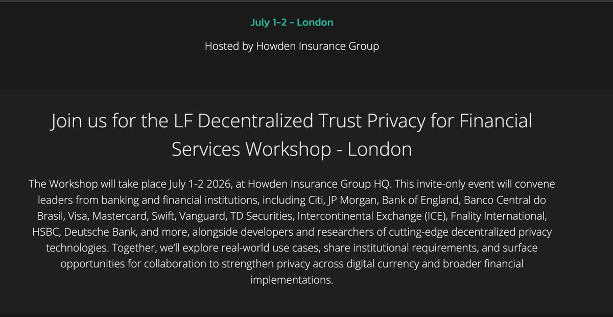 CDemanincor's tweet photo. "No media will be permitted."

On July 1-2, leaders from Citi, JPMorgan, Bank of England, HSBC, Deutsche Bank, Visa, Mastercard, Swift, ICE, Finality, and many more are gathering in London for the Privacy for Financial Services Workshop.

One thing stood out to me

@hedera is everywhere.

Speaking on institutional privacy, cross-ledger protocols, and digital asset infrastructure alongside Consensys, IBM, Google, Ethereum Foundation, Matter Labs, Kaleido, Deutsche Bank, HSBC, and other leaders shaping the future of finance.