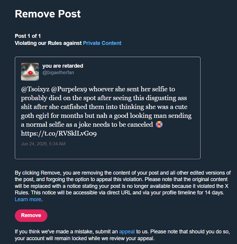 bigaetherfan's tweet photo. if anyone was wondering if that abomination of a troglodyte was really her, it was and she reported me to remove 5 posts of that ugly ass selfie HAHAHA dm me if u want to see it https://t.co/81fnOLmt7m