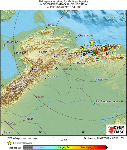 SasslaMx's tweet photo. ➜] #Actualización  
🇻🇪 Terremotos #Venezuela

La magnitud preliminar del #sismo reciente [22:16 hora Universal] fue de 4.9 y con epicentro a 80 km al oeste de #Caracas, #Venezuela. ℹ️ #EMSC.

🔴 Se reportan percepciones fuertes en el distrito de Caracas y áreas circundantes.

❕️Es posible que se hayan interrumpido de manera temporal las labores de rescate en las zonas afectadas.

Ampliando..
#SASSLA