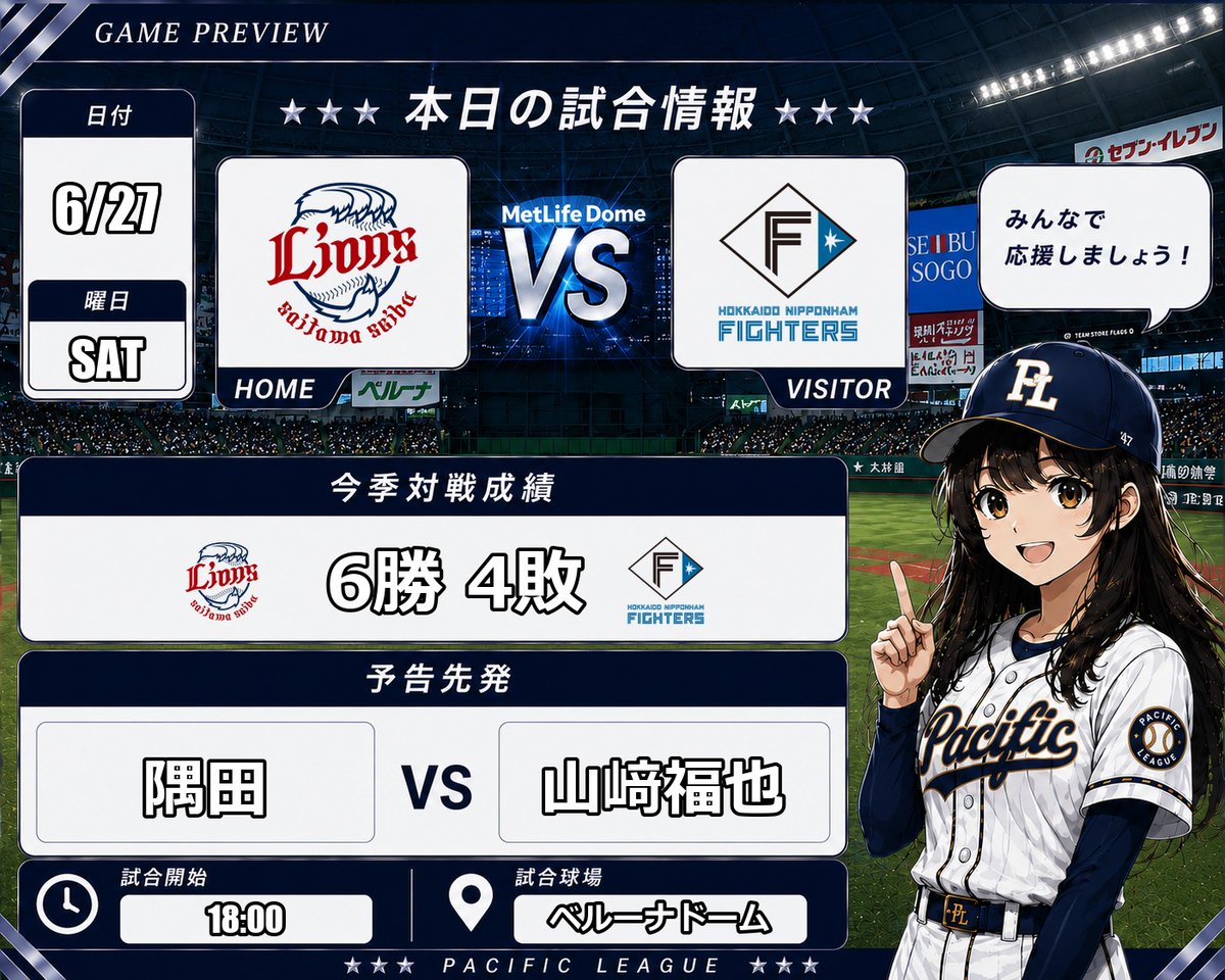 ⚾【本日の試合予告】 本日の一戦はこちらですわ。 西武 vs 日本ハム ⚾【本日の試合予告】 本日の一戦はこちらですわ。 西武 vs 日本ハム