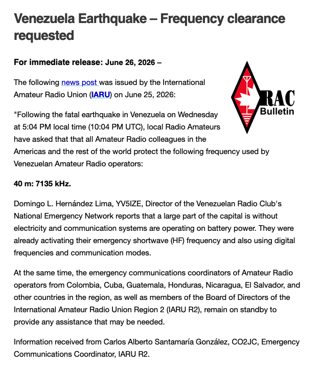 VE6LK's tweet photo. Please keep 7.135MHz clear for R2 international aid operations for Venuzuela https://t.co/HiT6HbhETe