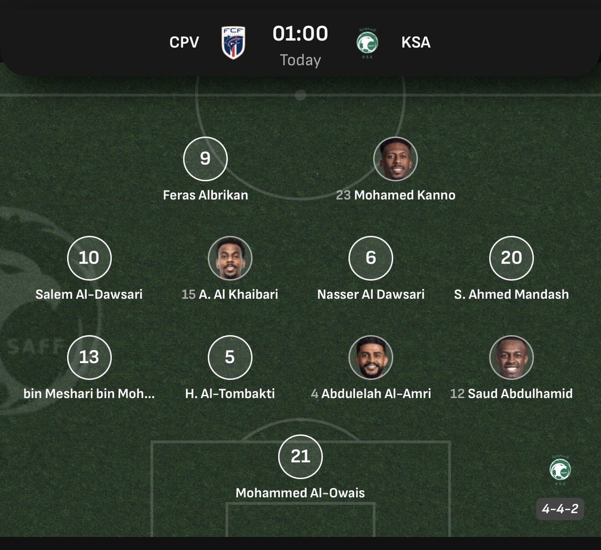 WEFOOTBALL777's tweet photo. 2026 FIFA WORLD CUP FINALS
Group H
Fri 26 Jun 01:00 UKT - Cabo Verde vs Saudi Arabia starting XI
#wefootball777 #football #fifa #fifaworldcup2026 #grouph #caboverde #saudiarabia https://t.co/38zIQNla1J