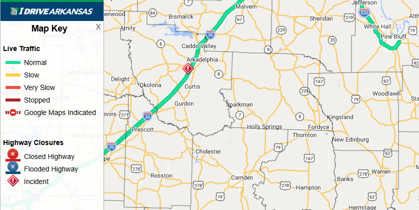IDriveArkansas's tweet photo. Clark Co: (UPDATE) I-30 EB right shoulder remains closed at Mile Marker 67.7 (Arkadelphia) due to a crash. Monitor https://t.co/cV0NdpEKer for the latest information. #artraffic #swatraffic https://t.co/Ji8fukSBck