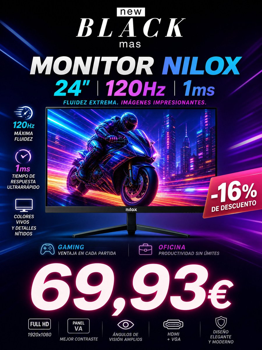 auro_cola's tweet photo. Monitor Nilox 24" 120Hz
🖥️ ¡Fluidez extrema para tus juegos y trabajo! Monitor Nilox de 24" con 120Hz y 1ms de respuesta. ¡Imágenes que cobran vida! 🌈
💰 ¡Precio bomba: 69,93€!
#NewBlackMas #Nilox #MonitorGaming #SetupGaming #Ofertas #Tecnología https://t.co/bfc1QY68LS