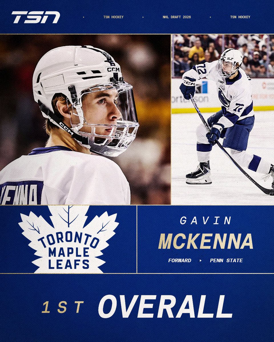 TSN_Sports's tweet photo. GAVIN MCKENNA IS A LEAF 🍁

The Toronto Maple Leafs have selected Gavin McKenna with the first overall pick in the 2026 NHL Entry Draft. https://t.co/UTe5S14ZRv