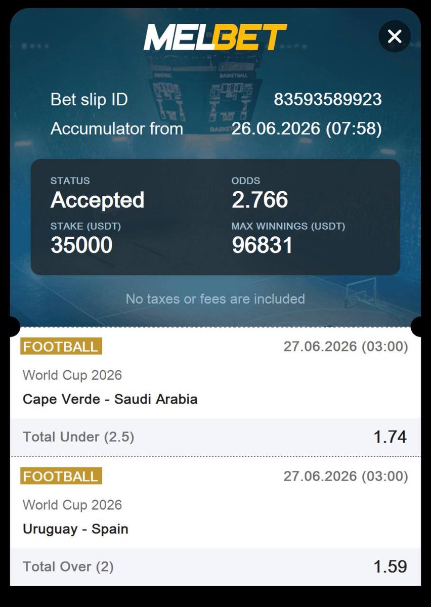 WinningCoupons's tweet photo. #Capeverde   🆚 #Saudiarabia      
#Uruguay   🆚 #Spain  

💰 Potential Win: 96.831 USD         

✅ #Melbet: ➡️ https://t.co/wi8yZmpg4Y 
✅ Bet Code: ➡️ PLKVP
✅ PROMO CODE: ➡️  xfree 

(Register with this promo code and receive a 200% bonus on your first deposit!)

#afropari https://t.co/hcFhmrty3M