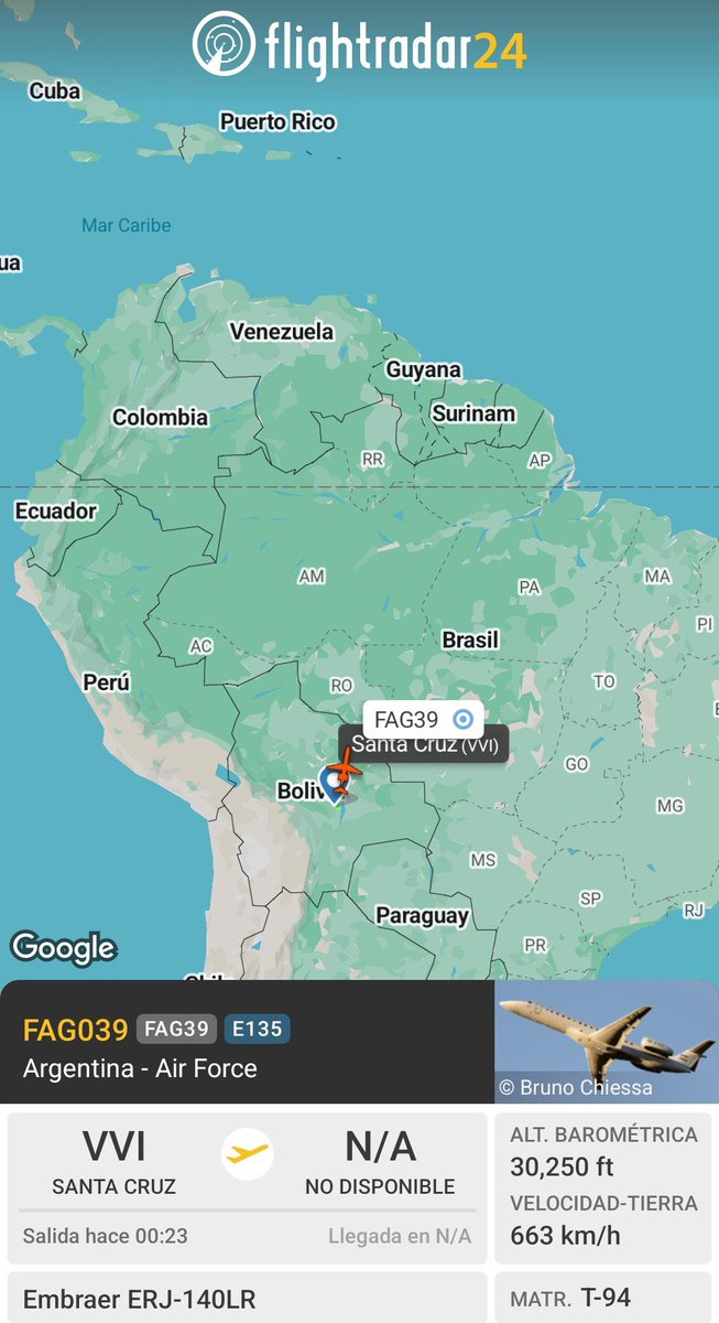 Arrest_Maduro's tweet photo. 🇦🇷Fuerza Aérea Argentina, Embraer ERJ-140LR, reg. T-94, hex #E2010E, código de llamada FAG039, procedente de El Palomar🇦🇷 con escala en Santa Cruz🇧🇴 y con destino a Venezuela🇻🇪. A bordo equipos y ayuda enviados por Argentina. https://t.co/wB40oIuciM