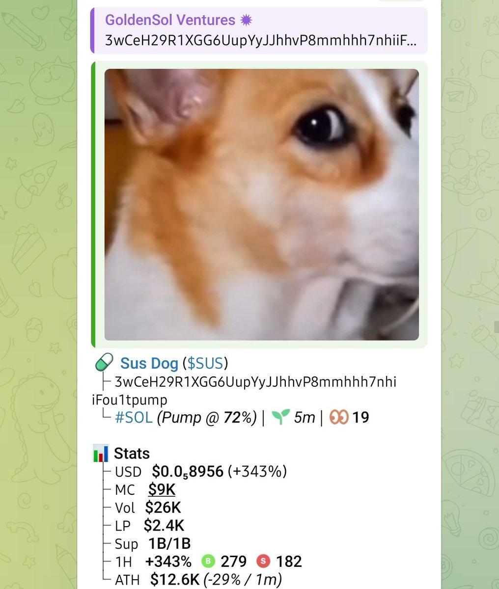 GoldenSolV7k2's tweet photo. FREE SIGNAL AVAILABLE 🚨

Fresh Alpha Just Dropped!
🎯 Token: $SUS

⚠️ Trade responsibly. Manage your risk.

Want this FREE signal and more early gem calls?

Send me a message NOW for instant free access! 

CA: 3wCeH29R1XGG6UupYyJJhhvP8mmhhh7nhiiFou1tpump https://t.co/R5IZEY3tyO