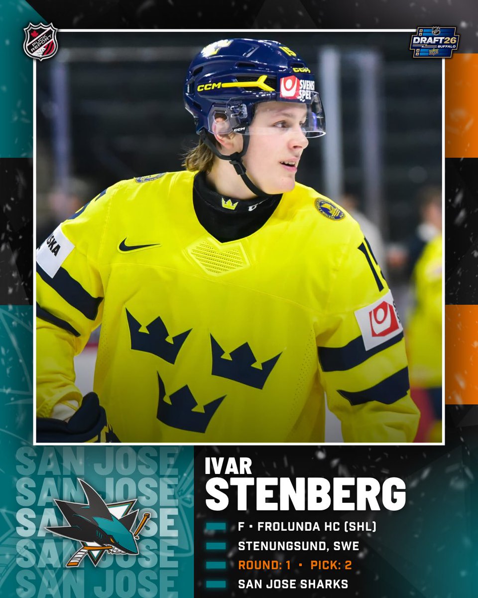 PuckReportNHL's tweet photo. OFFICIAL: San Jose Sharks select Ivar Stenberg with the 2nd overall pick of the 2026 NHL Draft. #TheFutureIsTeal https://t.co/GlIj6saG03