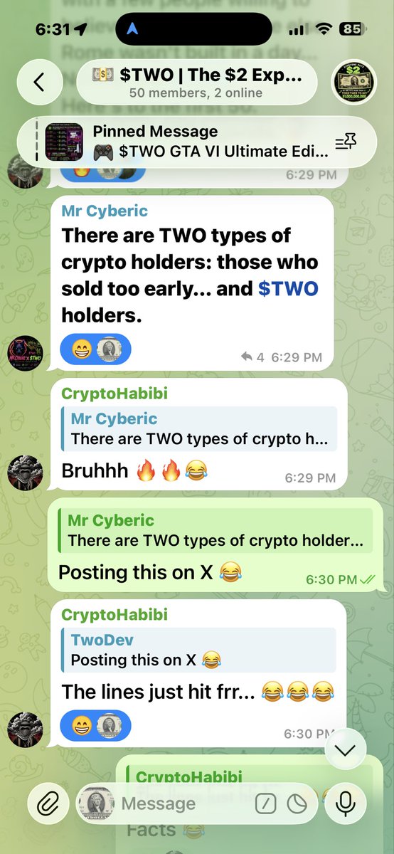 TWODOLLARSpump's tweet photo. “There are TWO types of crypto holders: those who sold too early… and $TWO holders” @devonsariza this too funny fr 😂😂😂 catch us on TG https://t.co/9SYddcZXWe https://t.co/LswdKfJist