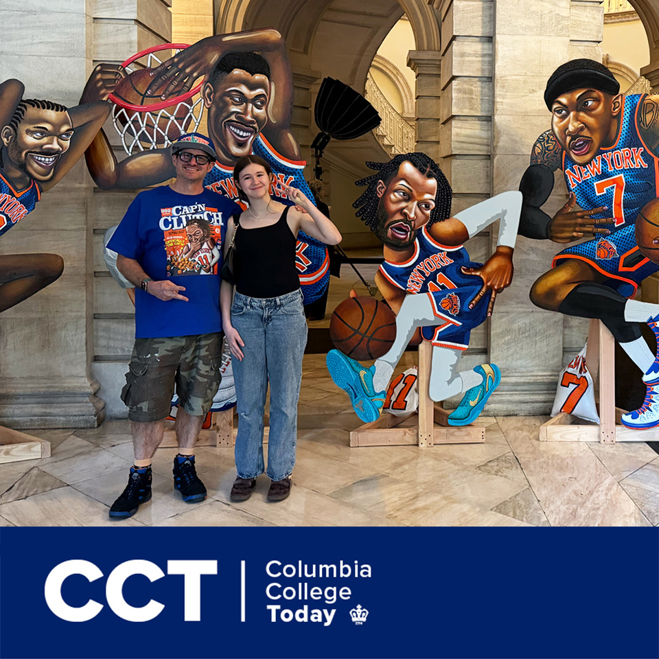Columbia_CCAA's tweet photo. Tom Sanford CC’98 has two passions: art and the Knicks. 🏀🎨

The two came together as the team clinched their historic title and Sanford’s stylized cutouts of Jalen Brunson and other iconic players were displayed at City Hall. 🧡💙

https://t.co/LBJPDszHzn https://t.co/wOTPtMR74q