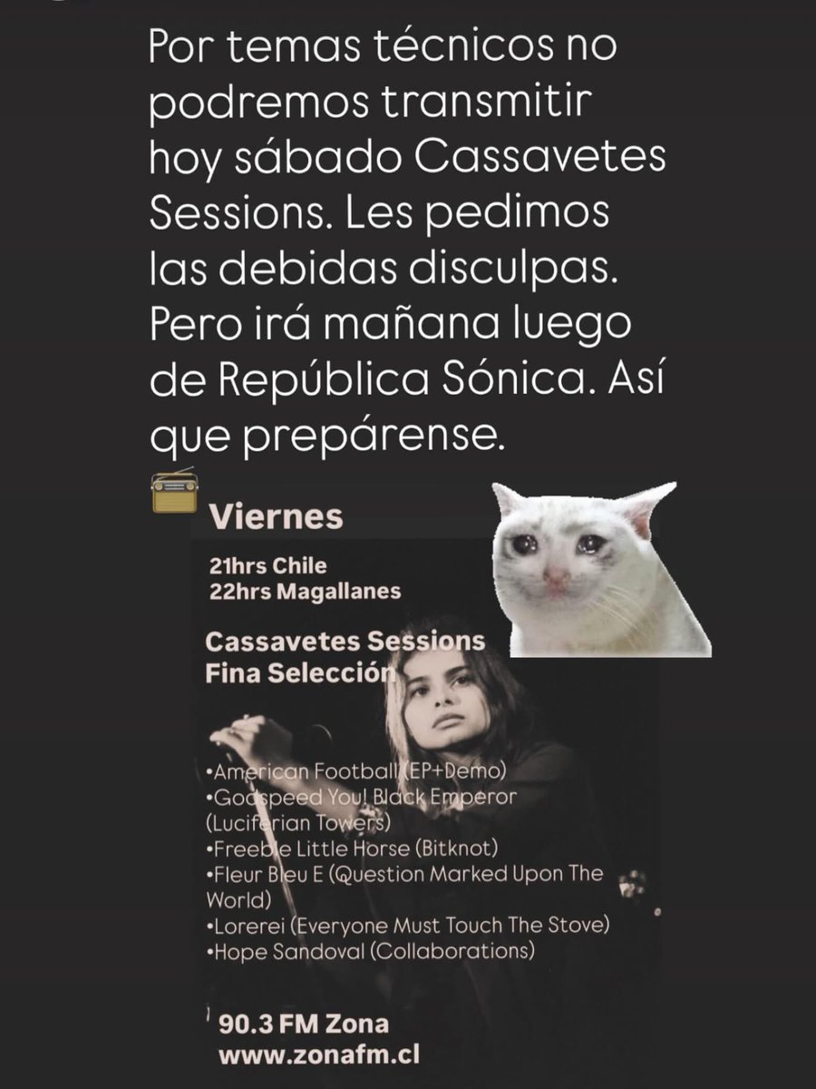 CassavetesRS's tweet photo. Por temas técnicos no podremos transmitir hoy sábado Cassavetes Sessions. Les pedimos las debidas disculpas.
Pero irá mañana luego de República Sónica. Así que prepárense.

@CassavetesRS 
IG: @cassavetes_repsonica https://t.co/rIilRJjKzk